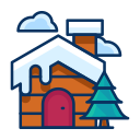 cabin, cloud, house, property, snow, tree, winter svg vector icon